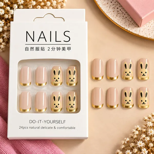 24_Pcs_Cute_Bunny_Press_On_Nails_For_Women_Pink_Nude_Artificial_Nails_With_Gold_Tips_Adorable_Rabbit_Design_Glossy_Diy_Manicure_Nail_Set