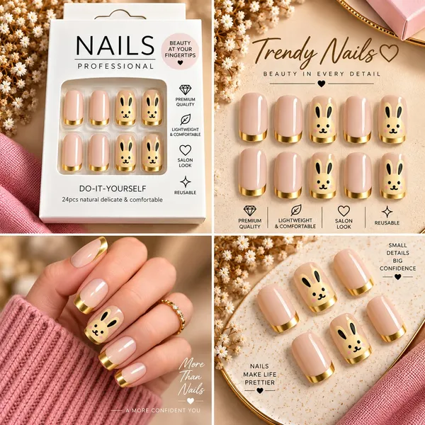 24_Pcs_Cute_Bunny_Press_On_Nails_For_Women_Pink_Nude_Artificial_Nails_With_Gold_Tips_Adorable_Rabbit_Design_Glossy_Diy_Manicure_Nail_Set