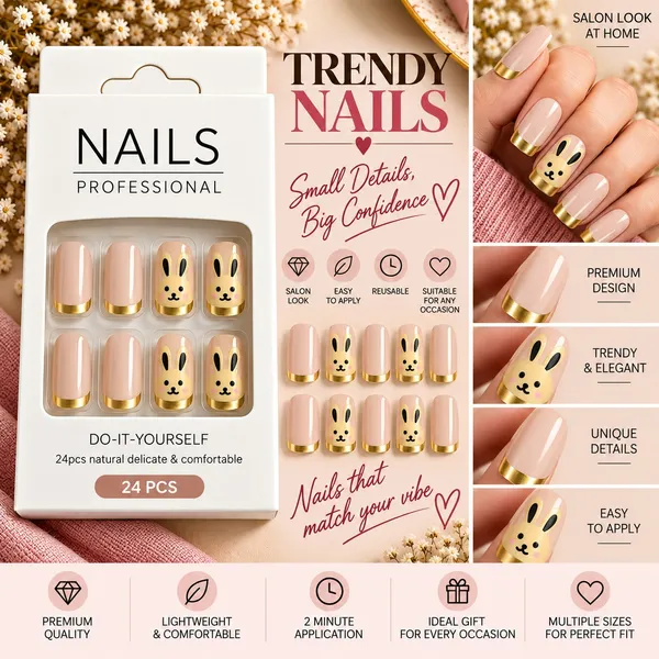 24_Pcs_Cute_Bunny_Press_On_Nails_For_Women_Pink_Nude_Artificial_Nails_With_Gold_Tips_Adorable_Rabbit_Design_Glossy_Diy_Manicure_Nail_Set