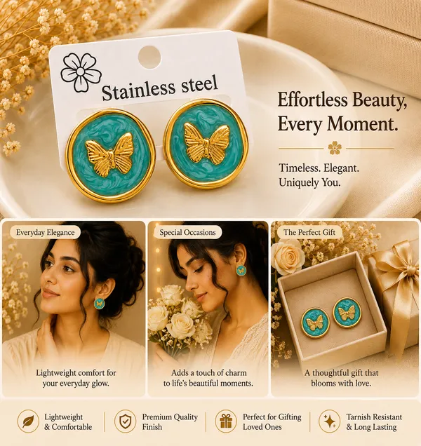 Elegant_Green_Butterfly_Stud_Earrings_For_Women_Gold_Tone_Round_Earrings_With_Enamel_Finish_Trendy_Fashion_Jewellery_For_Party_Office_Festive_And_Everyday_Wear