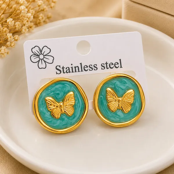 Elegant_Green_Butterfly_Stud_Earrings_For_Women_Gold_Tone_Round_Earrings_With_Enamel_Finish_Trendy_Fashion_Jewellery_For_Party_Office_Festive_And_Everyday_Wear