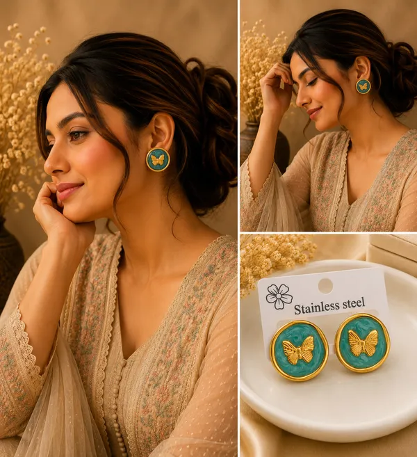 Elegant_Green_Butterfly_Stud_Earrings_For_Women_Gold_Tone_Round_Earrings_With_Enamel_Finish_Trendy_Fashion_Jewellery_For_Party_Office_Festive_And_Everyday_Wear