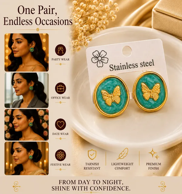 Elegant_Green_Butterfly_Stud_Earrings_For_Women_Gold_Tone_Round_Earrings_With_Enamel_Finish_Trendy_Fashion_Jewellery_For_Party_Office_Festive_And_Everyday_Wear