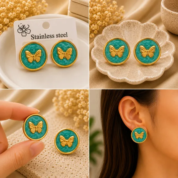 Elegant_Green_Butterfly_Stud_Earrings_For_Women_Gold_Tone_Round_Earrings_With_Enamel_Finish_Trendy_Fashion_Jewellery_For_Party_Office_Festive_And_Everyday_Wear