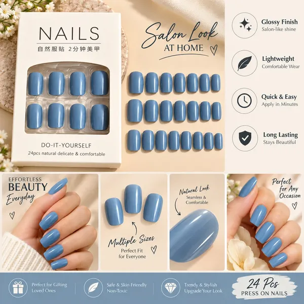 24_Pcs_Blue_Press_On_Nails_For_Women_Glossy_Solid_Blue_Artificial_Nail_Set_With_Multiple_Sizes_Reusable_Diy_False_Nails_For_Home_Manicure_Party_Wedding_And_Everyday_Wear