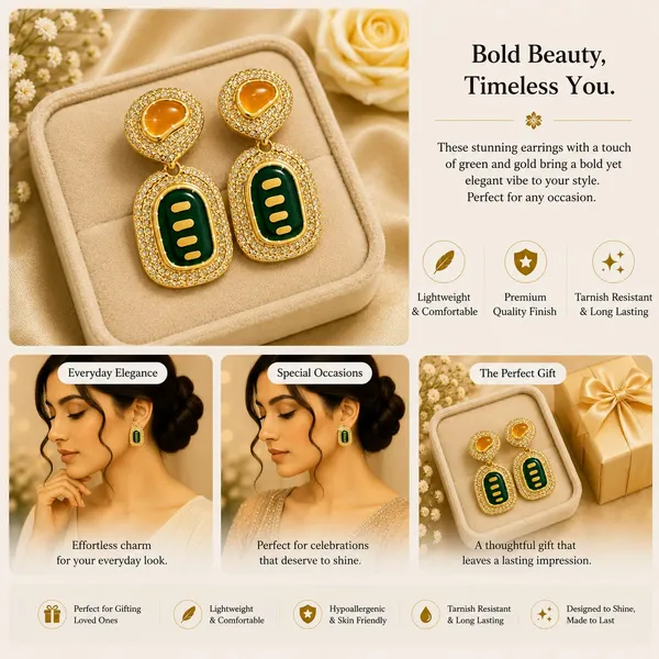 Elegant_Green_And_Golden_Drop_Earrings_For_Women_Premium_Geometric_Design_With_Green_Enamel_Detailing_Amber_Center_Stones_And_Sparkling_Crystal_Border_Trendy_Statement_Fashion_Jewellery_For_Party_Wedding_And_Festive_Wear