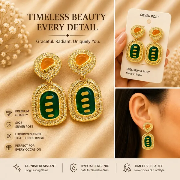 Elegant_Green_And_Golden_Drop_Earrings_For_Women_Premium_Geometric_Design_With_Green_Enamel_Detailing_Amber_Center_Stones_And_Sparkling_Crystal_Border_Trendy_Statement_Fashion_Jewellery_For_Party_Wedding_And_Festive_Wear