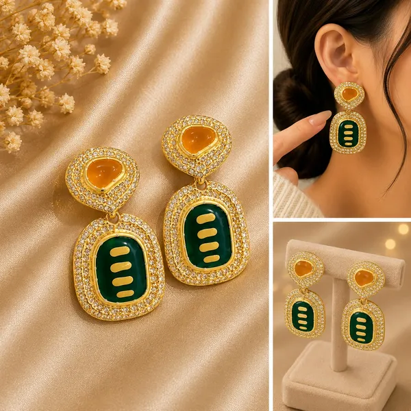Elegant_Green_And_Golden_Drop_Earrings_For_Women_Premium_Geometric_Design_With_Green_Enamel_Detailing_Amber_Center_Stones_And_Sparkling_Crystal_Border_Trendy_Statement_Fashion_Jewellery_For_Party_Wedding_And_Festive_Wear