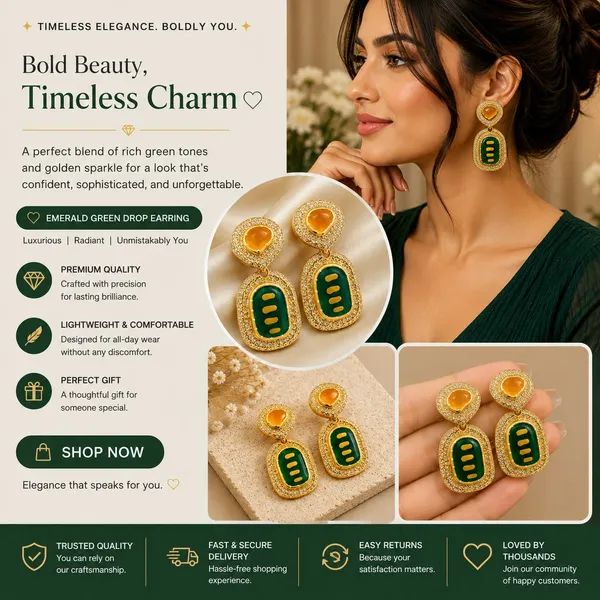 Elegant_Green_And_Golden_Drop_Earrings_For_Women_Premium_Geometric_Design_With_Green_Enamel_Detailing_Amber_Center_Stones_And_Sparkling_Crystal_Border_Trendy_Statement_Fashion_Jewellery_For_Party_Wedding_And_Festive_Wear