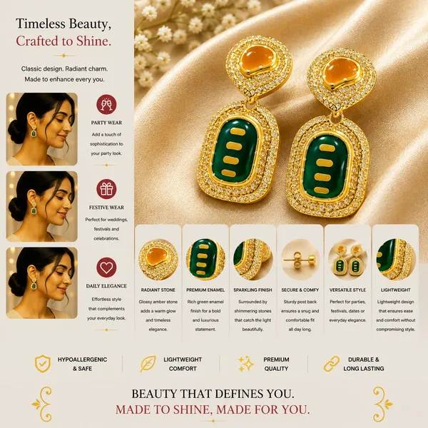 Elegant_Green_And_Golden_Drop_Earrings_For_Women_Premium_Geometric_Design_With_Green_Enamel_Detailing_Amber_Center_Stones_And_Sparkling_Crystal_Border_Trendy_Statement_Fashion_Jewellery_For_Party_Wedding_And_Festive_Wear