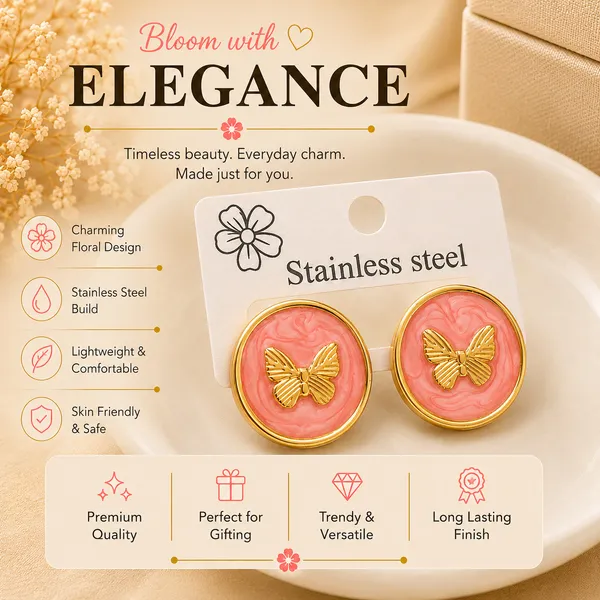 Elegant_Pink_Butterfly_Stud_Earrings_For_Women_Gold_Tone_Round_Earrings_With_Textured_Enamel_Finish_Cute_Fashion_Jewellery_For_Party_Office_Festive_And_Everyday_Wear