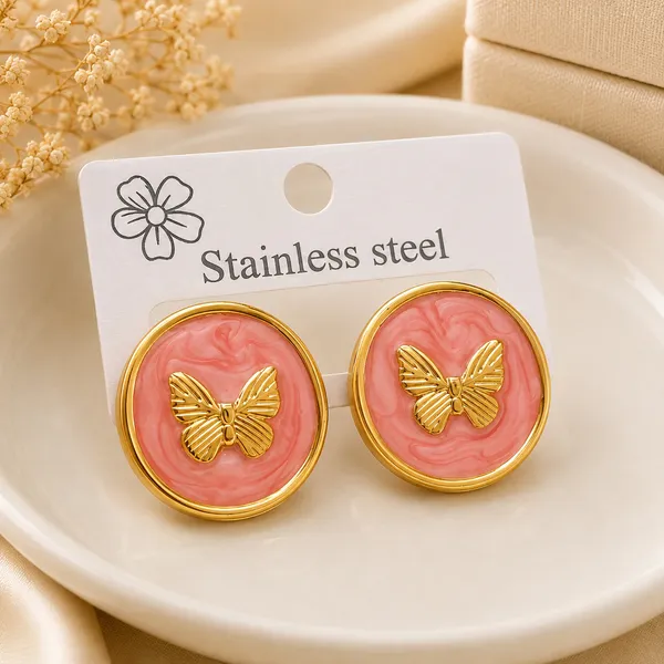 Elegant_Pink_Butterfly_Stud_Earrings_For_Women_Gold_Tone_Round_Earrings_With_Textured_Enamel_Finish_Cute_Fashion_Jewellery_For_Party_Office_Festive_And_Everyday_Wear
