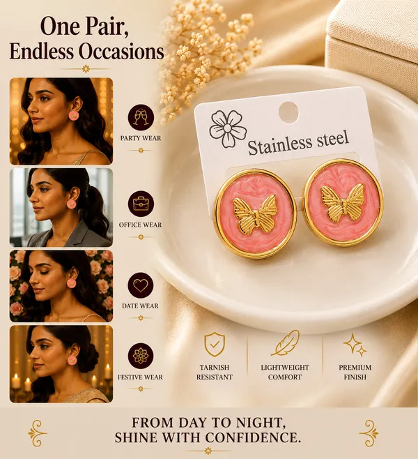 Elegant_Pink_Butterfly_Stud_Earrings_For_Women_Gold_Tone_Round_Earrings_With_Textured_Enamel_Finish_Cute_Fashion_Jewellery_For_Party_Office_Festive_And_Everyday_Wear