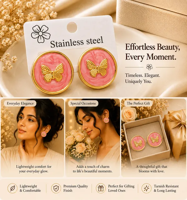 Elegant_Pink_Butterfly_Stud_Earrings_For_Women_Gold_Tone_Round_Earrings_With_Textured_Enamel_Finish_Cute_Fashion_Jewellery_For_Party_Office_Festive_And_Everyday_Wear