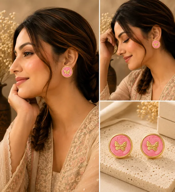 Elegant_Pink_Butterfly_Stud_Earrings_For_Women_Gold_Tone_Round_Design_With_Beautiful_Butterfly_Motif_Stylish_Fashion_Jewellery_For_Party_Office_Festive_And_Everyday_Wear