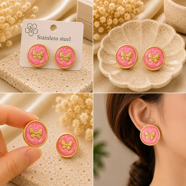 Elegant_Pink_Butterfly_Stud_Earrings_For_Women_Gold_Tone_Round_Design_With_Beautiful_Butterfly_Motif_Stylish_Fashion_Jewellery_For_Party_Office_Festive_And_Everyday_Wear