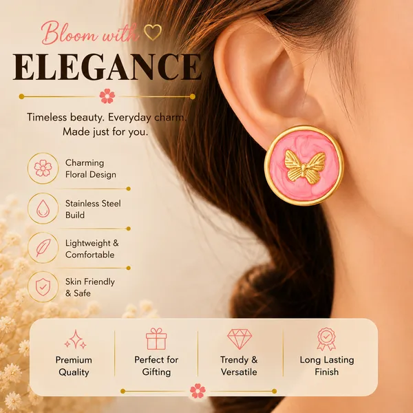 Elegant_Pink_Butterfly_Stud_Earrings_For_Women_Gold_Tone_Round_Design_With_Beautiful_Butterfly_Motif_Stylish_Fashion_Jewellery_For_Party_Office_Festive_And_Everyday_Wear