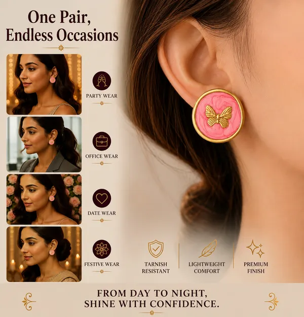 Elegant_Pink_Butterfly_Stud_Earrings_For_Women_Gold_Tone_Round_Design_With_Beautiful_Butterfly_Motif_Stylish_Fashion_Jewellery_For_Party_Office_Festive_And_Everyday_Wear