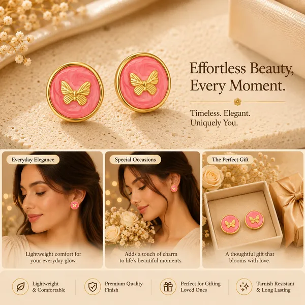 Elegant_Pink_Butterfly_Stud_Earrings_For_Women_Gold_Tone_Round_Design_With_Beautiful_Butterfly_Motif_Stylish_Fashion_Jewellery_For_Party_Office_Festive_And_Everyday_Wear