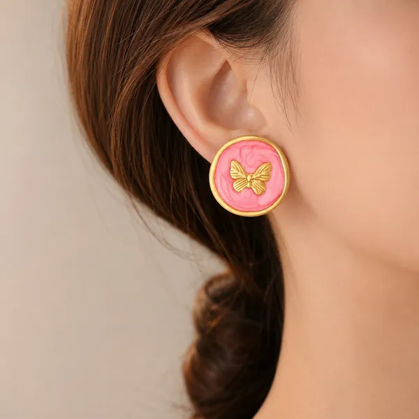 Elegant_Pink_Butterfly_Stud_Earrings_For_Women_Gold_Tone_Round_Design_With_Beautiful_Butterfly_Motif_Stylish_Fashion_Jewellery_For_Party_Office_Festive_And_Everyday_Wear