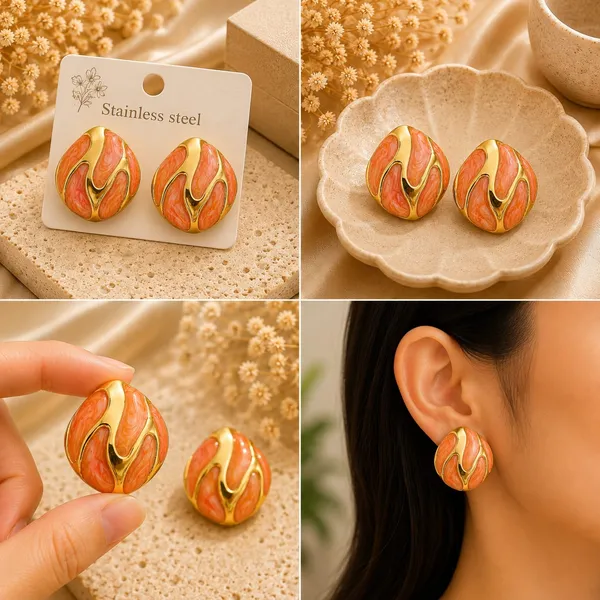 Peach_Orange_Marble_Effect_Round_Stud_Earrings_With_Gold_Tone_Wave_Design_For_Women_Elegant_Statement_Fashion_Jewellery_Trendy_Party_Festive_Office_Casual_Wear