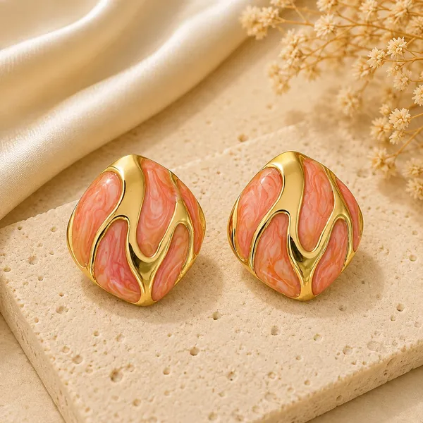 Peach_Orange_Marble_Effect_Round_Stud_Earrings_With_Gold_Tone_Wave_Design_For_Women_Elegant_Statement_Fashion_Jewellery_Trendy_Party_Festive_Office_Casual_Wear