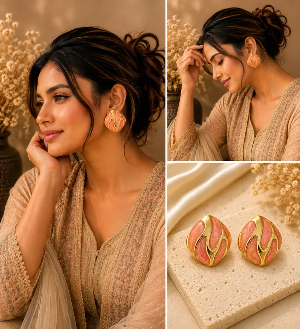 Peach_Orange_Marble_Effect_Round_Stud_Earrings_With_Gold_Tone_Wave_Design_For_Women_Elegant_Statement_Fashion_Jewellery_Trendy_Party_Festive_Office_Casual_Wear