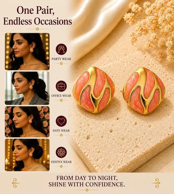 Peach_Orange_Marble_Effect_Round_Stud_Earrings_With_Gold_Tone_Wave_Design_For_Women_Elegant_Statement_Fashion_Jewellery_Trendy_Party_Festive_Office_Casual_Wear