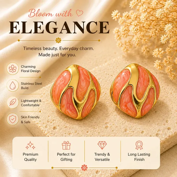 Peach_Orange_Marble_Effect_Round_Stud_Earrings_With_Gold_Tone_Wave_Design_For_Women_Elegant_Statement_Fashion_Jewellery_Trendy_Party_Festive_Office_Casual_Wear