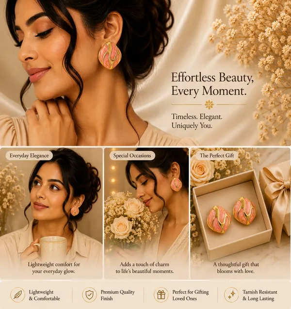 Peach_Orange_Marble_Effect_Round_Stud_Earrings_With_Gold_Tone_Wave_Design_For_Women_Elegant_Statement_Fashion_Jewellery_Trendy_Party_Festive_Office_Casual_Wear