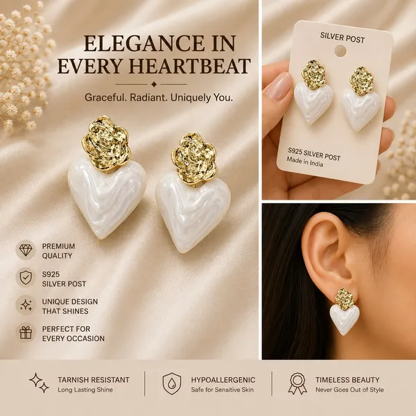 Elegant_White_Heart_Drop_Earrings_For_Women_Glossy_Marble_Effect_Heart_Design_With_Textured_Gold_Tone_Floral_Studs_Romantic_Trendy_Fashion_Jewellery_For_Party_Festive_And_Daily_Wear