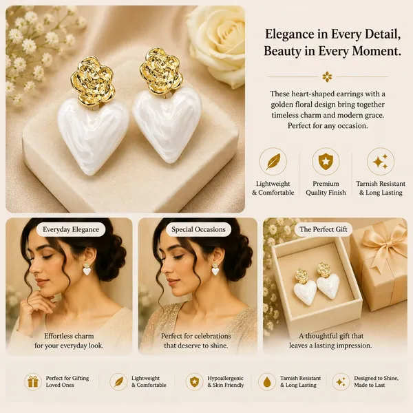 Elegant_White_Heart_Drop_Earrings_For_Women_Glossy_Marble_Effect_Heart_Design_With_Textured_Gold_Tone_Floral_Studs_Romantic_Trendy_Fashion_Jewellery_For_Party_Festive_And_Daily_Wear