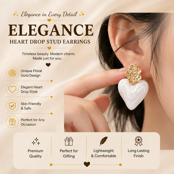 Elegant_White_Heart_Drop_Earrings_For_Women_Glossy_Marble_Effect_Heart_Design_With_Textured_Gold_Tone_Floral_Studs_Romantic_Trendy_Fashion_Jewellery_For_Party_Festive_And_Daily_Wear