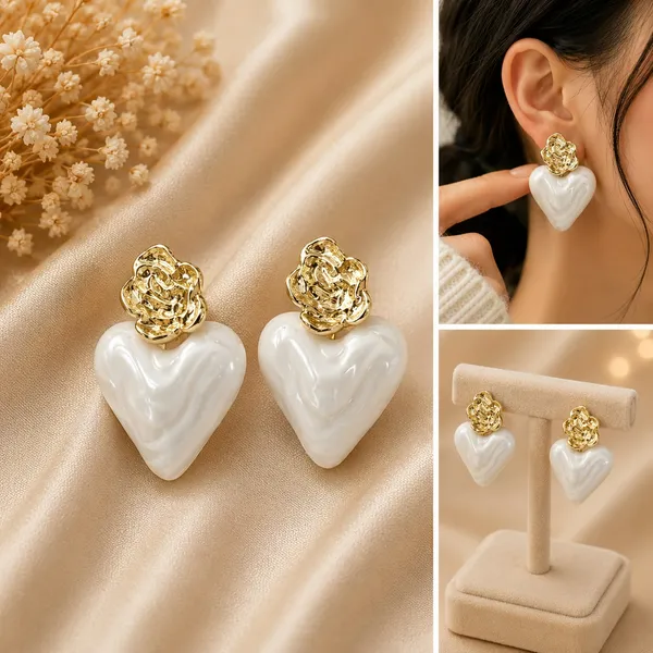Elegant_White_Heart_Drop_Earrings_For_Women_Glossy_Marble_Effect_Heart_Design_With_Textured_Gold_Tone_Floral_Studs_Romantic_Trendy_Fashion_Jewellery_For_Party_Festive_And_Daily_Wear