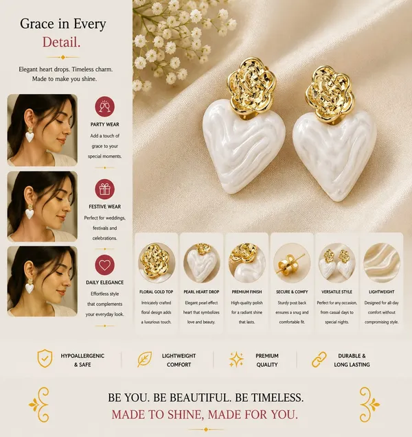 Elegant_White_Heart_Drop_Earrings_For_Women_Glossy_Marble_Effect_Heart_Design_With_Textured_Gold_Tone_Floral_Studs_Romantic_Trendy_Fashion_Jewellery_For_Party_Festive_And_Daily_Wear