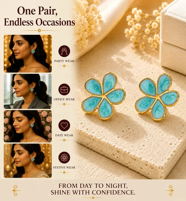 Elegant_Aqua_Blue_Floral_Stud_Earrings_For_Women_Gold_Tone_Five_Petal_Flower_Design_With_Artistic_Swirl_Pattern_Stylish_Lightweight_Fashion_Jewellery_For_Party_Festive_Office_And_Casual_Wear