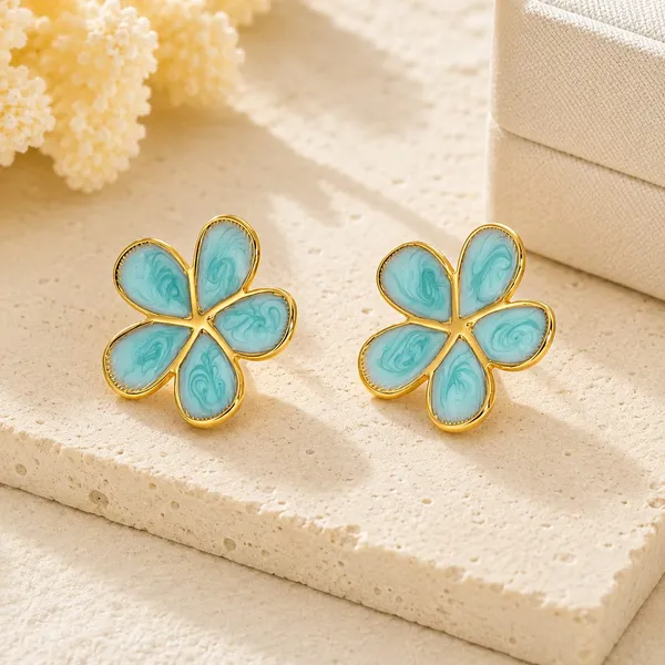 Elegant_Aqua_Blue_Floral_Stud_Earrings_For_Women_Gold_Tone_Five_Petal_Flower_Design_With_Artistic_Swirl_Pattern_Stylish_Lightweight_Fashion_Jewellery_For_Party_Festive_Office_And_Casual_Wear