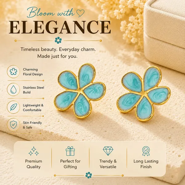 Elegant_Aqua_Blue_Floral_Stud_Earrings_For_Women_Gold_Tone_Five_Petal_Flower_Design_With_Artistic_Swirl_Pattern_Stylish_Lightweight_Fashion_Jewellery_For_Party_Festive_Office_And_Casual_Wear