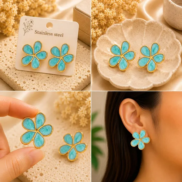 Elegant_Aqua_Blue_Floral_Stud_Earrings_For_Women_Gold_Tone_Five_Petal_Flower_Design_With_Artistic_Swirl_Pattern_Stylish_Lightweight_Fashion_Jewellery_For_Party_Festive_Office_And_Casual_Wear