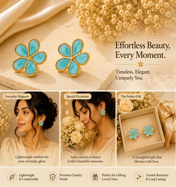 Elegant_Aqua_Blue_Floral_Stud_Earrings_For_Women_Gold_Tone_Five_Petal_Flower_Design_With_Artistic_Swirl_Pattern_Stylish_Lightweight_Fashion_Jewellery_For_Party_Festive_Office_And_Casual_Wear