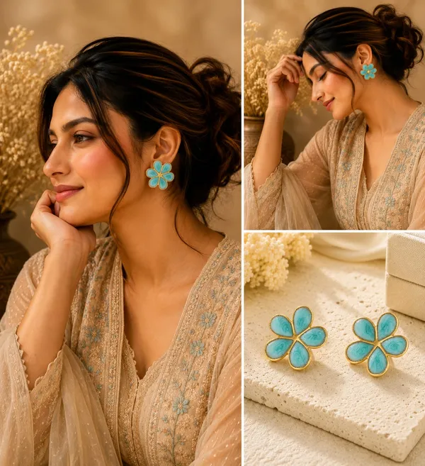 Elegant_Aqua_Blue_Floral_Stud_Earrings_For_Women_Gold_Tone_Five_Petal_Flower_Design_With_Artistic_Swirl_Pattern_Stylish_Lightweight_Fashion_Jewellery_For_Party_Festive_Office_And_Casual_Wear