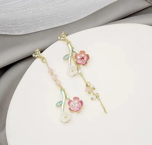 Elegant_Floral_Heart_Drop_Earrings_For_Women_Gold_Tone_Crystal_Heart_Pink_Flower_Green_Leaf_Pearl_Chain_Statement_Jewellery_For_Party_Wedding_Festive_Wear