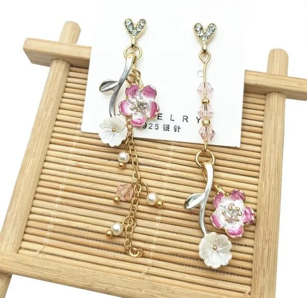 Elegant_Floral_Heart_Drop_Earrings_For_Women_Gold_Tone_Crystal_Heart_Pink_Flower_Green_Leaf_Pearl_Chain_Statement_Jewellery_For_Party_Wedding_Festive_Wear
