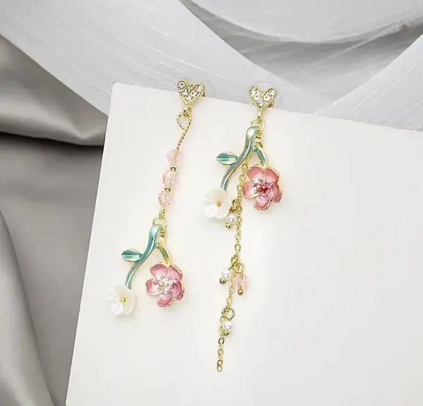 Elegant_Floral_Heart_Drop_Earrings_For_Women_Gold_Tone_Crystal_Heart_Pink_Flower_Green_Leaf_Pearl_Chain_Statement_Jewellery_For_Party_Wedding_Festive_Wear