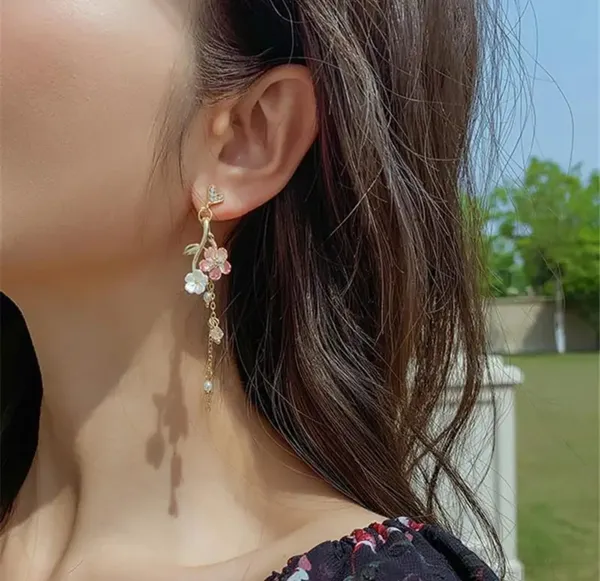 Elegant_Floral_Heart_Drop_Earrings_For_Women_Gold_Tone_Crystal_Heart_Pink_Flower_Green_Leaf_Pearl_Chain_Statement_Jewellery_For_Party_Wedding_Festive_Wear