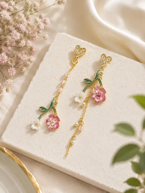 Elegant_Floral_Heart_Drop_Earrings_For_Women_Gold_Tone_Crystal_Heart_Pink_Flower_Green_Leaf_Pearl_Chain_Statement_Jewellery_For_Party_Wedding_Festive_Wear