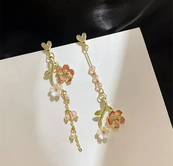 Elegant_Floral_Heart_Drop_Earrings_For_Women_Gold_Tone_Crystal_Heart_Pink_Flower_Green_Leaf_Pearl_Chain_Statement_Jewellery_For_Party_Wedding_Festive_Wear