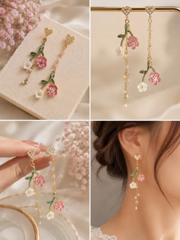 Elegant_Floral_Heart_Drop_Earrings_For_Women_Gold_Tone_Crystal_Heart_Pink_Flower_Green_Leaf_Pearl_Chain_Statement_Jewellery_For_Party_Wedding_Festive_Wear