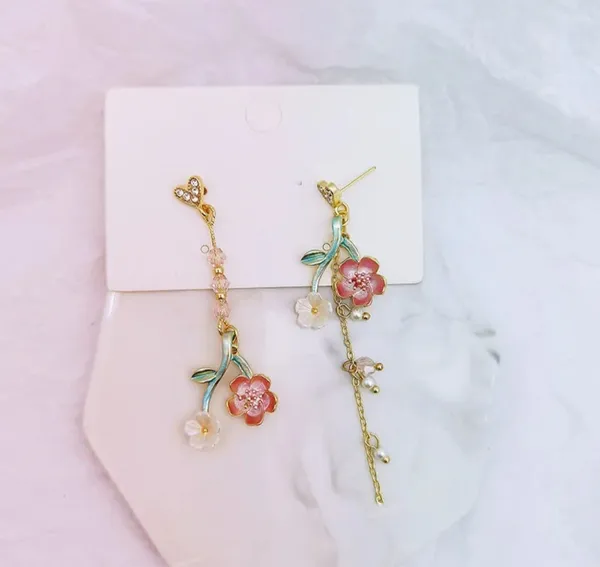 Elegant_Floral_Heart_Drop_Earrings_For_Women_Gold_Tone_Crystal_Heart_Pink_Flower_Green_Leaf_Pearl_Chain_Statement_Jewellery_For_Party_Wedding_Festive_Wear