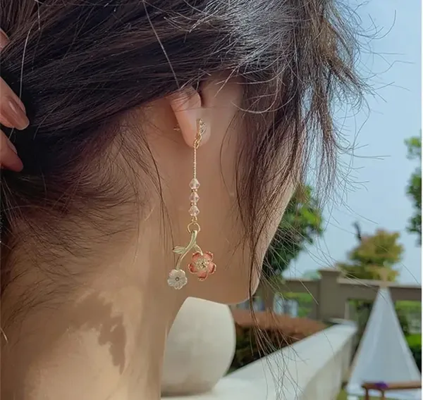 Elegant_Floral_Heart_Drop_Earrings_For_Women_Gold_Tone_Crystal_Heart_Pink_Flower_Green_Leaf_Pearl_Chain_Statement_Jewellery_For_Party_Wedding_Festive_Wear